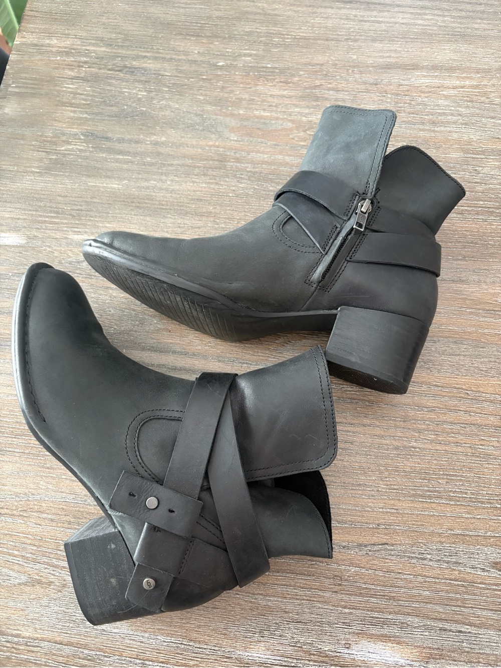 UGG Black Leather Ankle Booties with Wrap Strap
